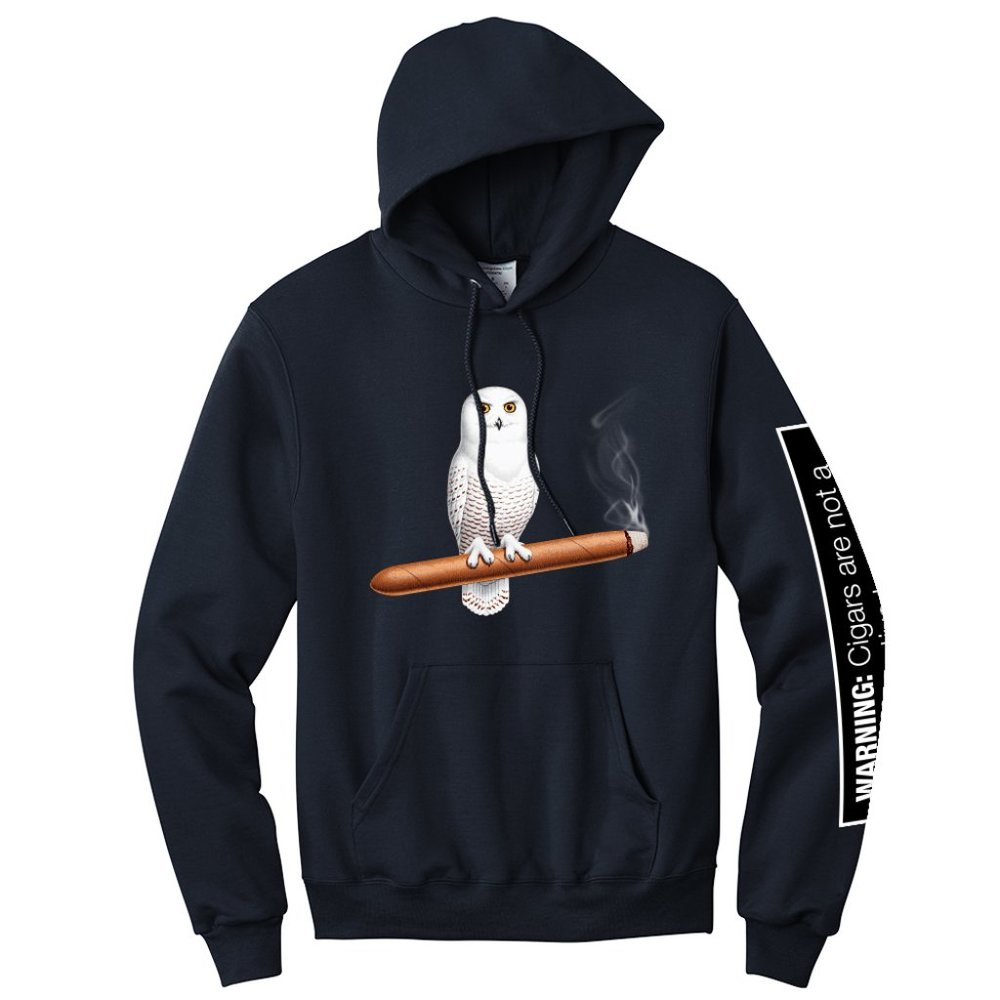 White Owl Pullover Hoodie UNISEX -- Large Navy
